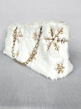 White Faux Fur Snowflake Handbag | Gold Chain Winter Purse